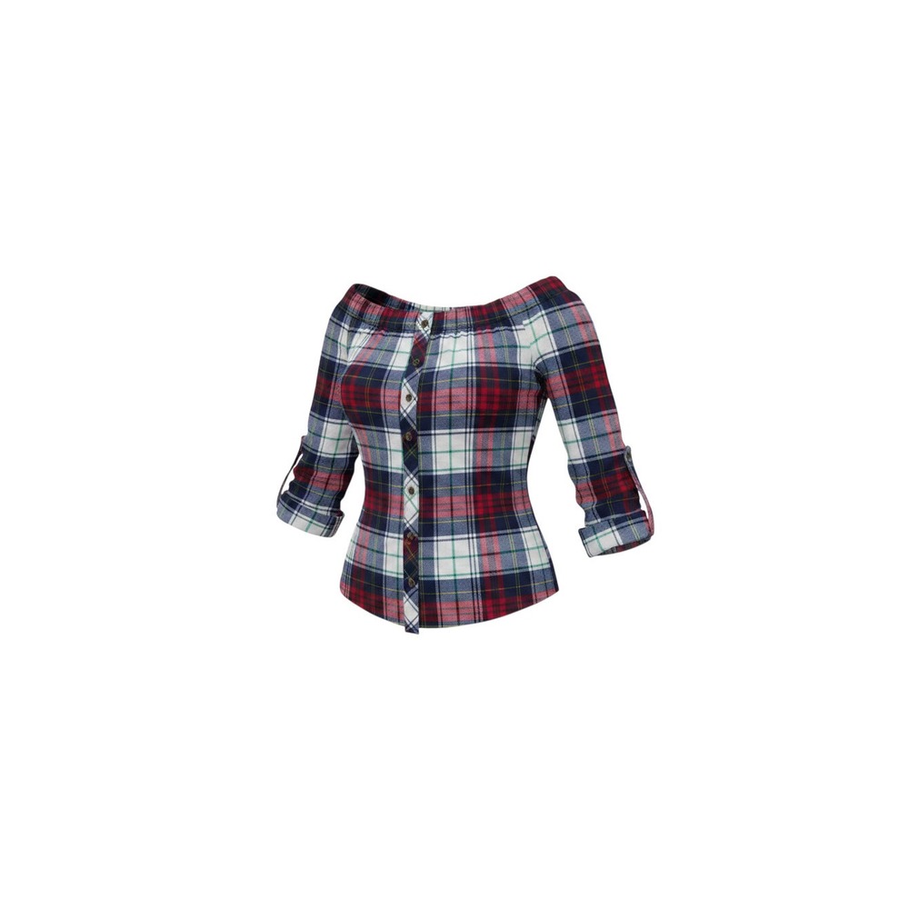 Rue21 Off Shoulder Blouse Womens L Blue Red Plaid Button Front 3/4 Sleeve
